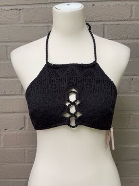 Victoria’s Secret  NWT Black Crochet high neck  Halter Bikini Top L